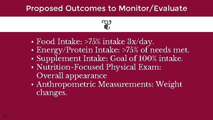 Proposed Outcomes to Monitor/Evaluate Food Intake: >75% intake 3 x/day. Energy/Protein Intake: >75% of