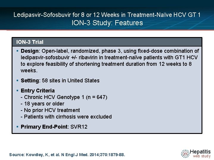 Ledipasvir-Sofosbuvir for 8 or 12 Weeks in Treatment-Naïve HCV GT 1 ION-3 Study: Features