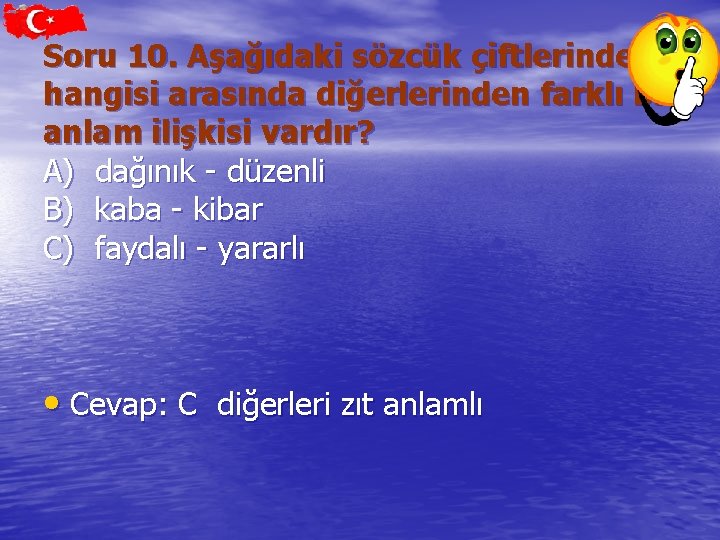 Soru 10. Aşağıdaki sözcük çiftlerinden hangisi arasında diğerlerinden farklı bir anlam ilişkisi vardır? A)