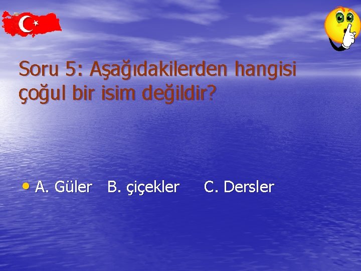 Soru 5: Aşağıdakilerden hangisi çoğul bir isim değildir? • A. Güler B. çiçekler C.