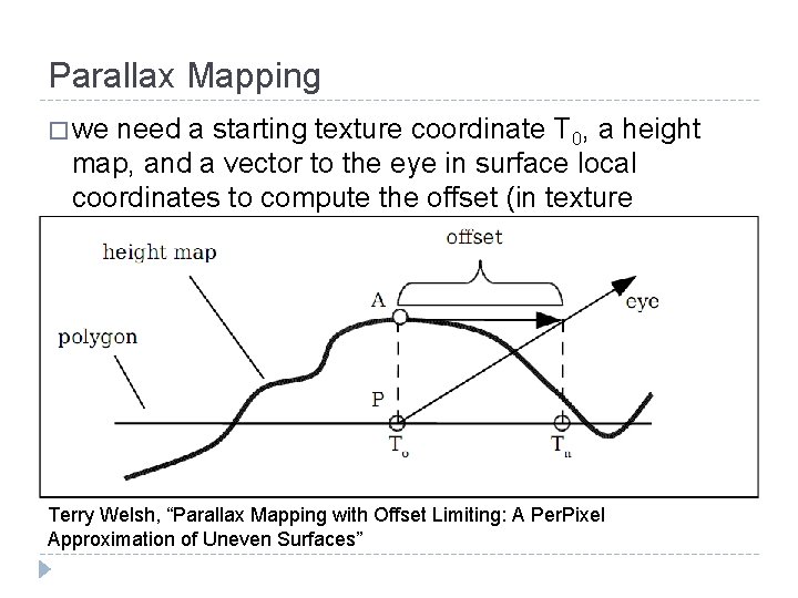 Parallax Mapping � we need a starting texture coordinate T 0, a height map,