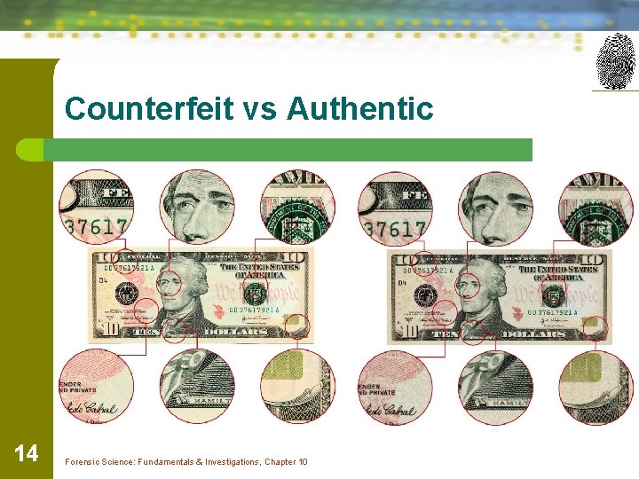 Counterfeit vs Authentic 14 Forensic Science: Fundamentals & Investigations, Chapter 10 