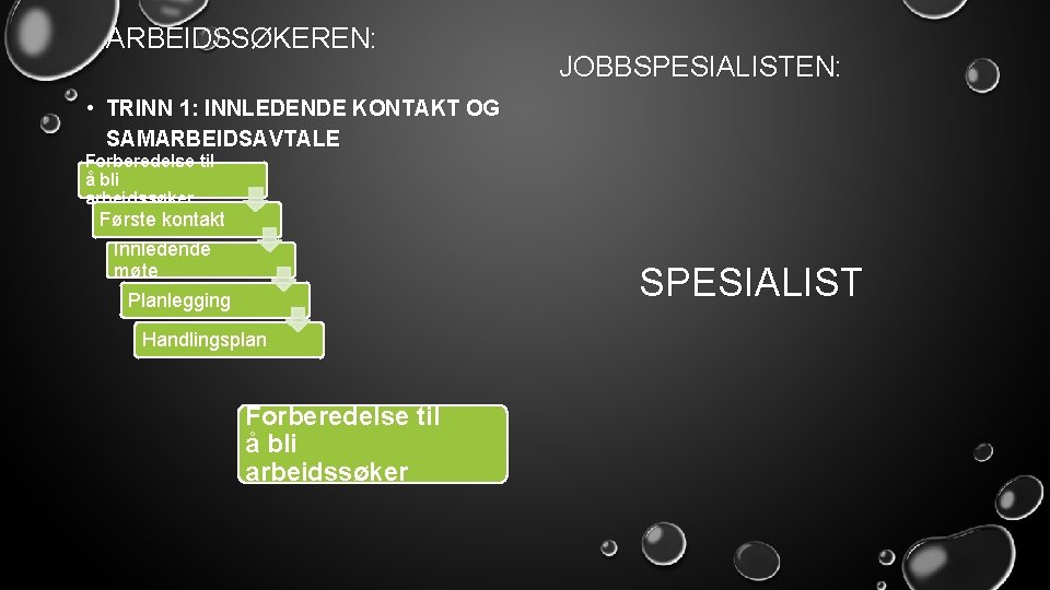 ARBEIDSSØKEREN: JOBBSPESIALISTEN: • TRINN 1: INNLEDENDE KONTAKT OG SAMARBEIDSAVTALE Forberedelse til å bli arbeidssøker