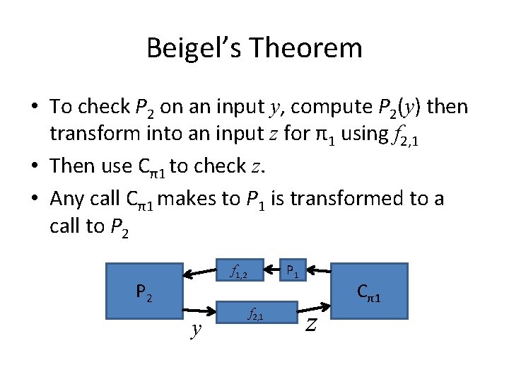 Beigel’s Theorem • To check P 2 on an input y, compute P 2(y)