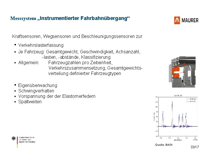 Messsystem „Instrumentierter Fahrbahnübergang“ Kraftsensoren, Wegsensoren und Beschleunigungssensoren zur • Verkehrslasterfassung Je Fahrzeug: Gesamtgewicht, Geschwindigkeit,