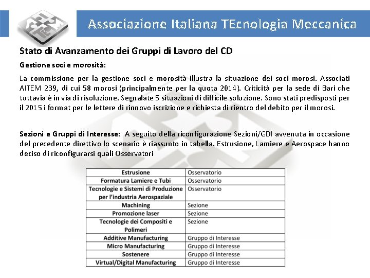 Associazione Italiana TEcnologia Meccanica Stato di Avanzamento dei Gruppi di Lavoro del CD Gestione