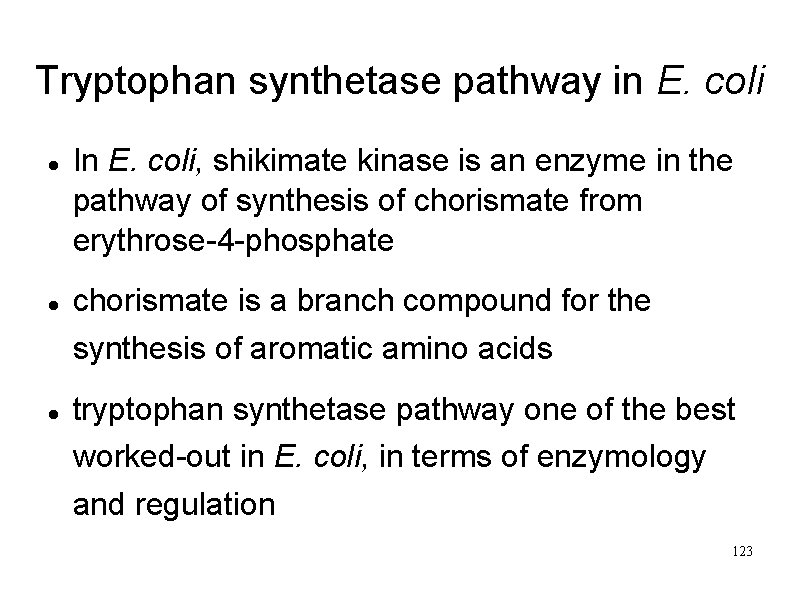 Tryptophan synthetase pathway in E. coli In E. coli, shikimate kinase is an enzyme