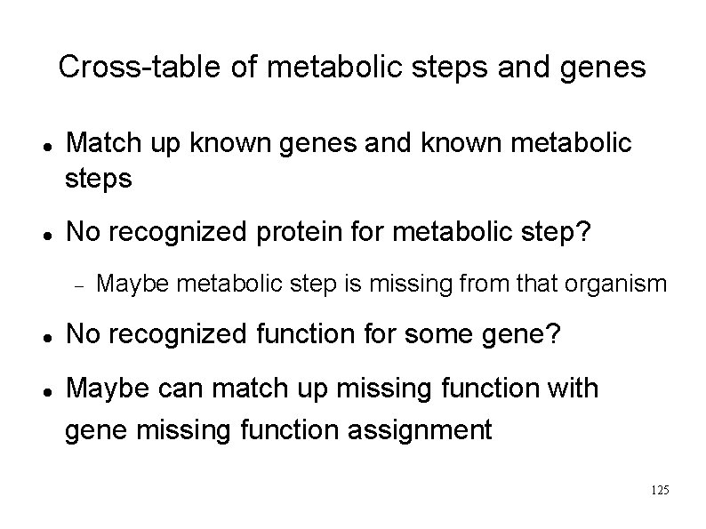 Cross-table of metabolic steps and genes Match up known genes and known metabolic steps
