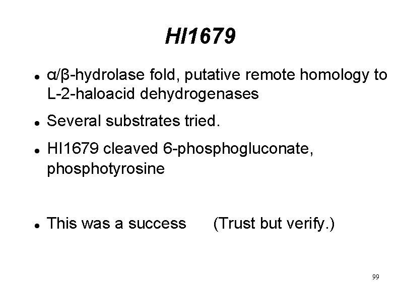 HI 1679 α/β-hydrolase fold, putative remote homology to L-2 -haloacid dehydrogenases Several substrates tried.