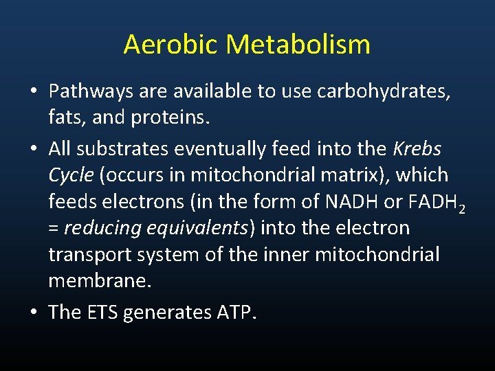 Aerobic Metabolism • Pathways are available to use carbohydrates, fats, and proteins. • All