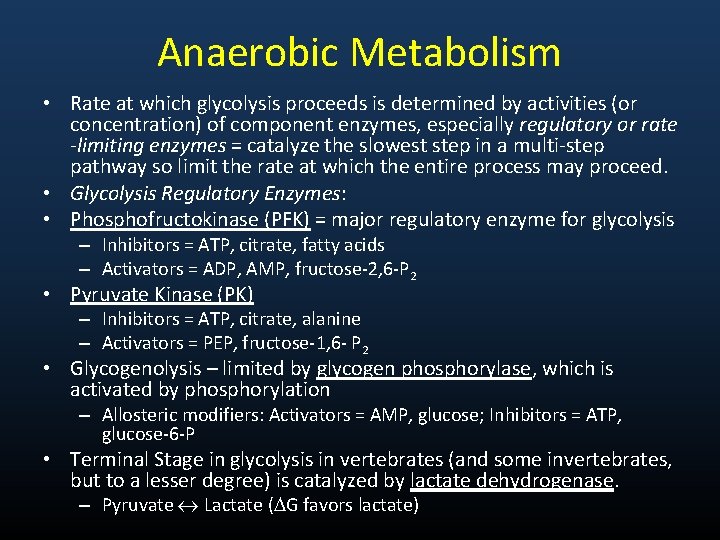Anaerobic Metabolism • Rate at which glycolysis proceeds is determined by activities (or concentration)