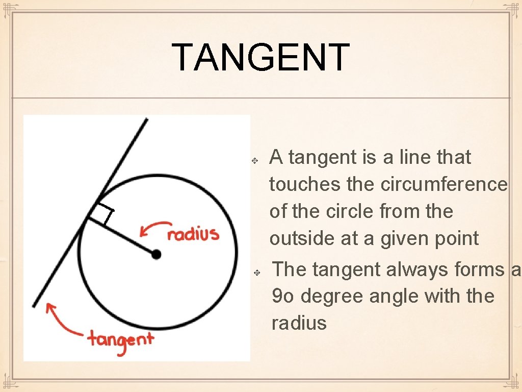 TANGENT A tangent is a line that touches the circumference of the circle from