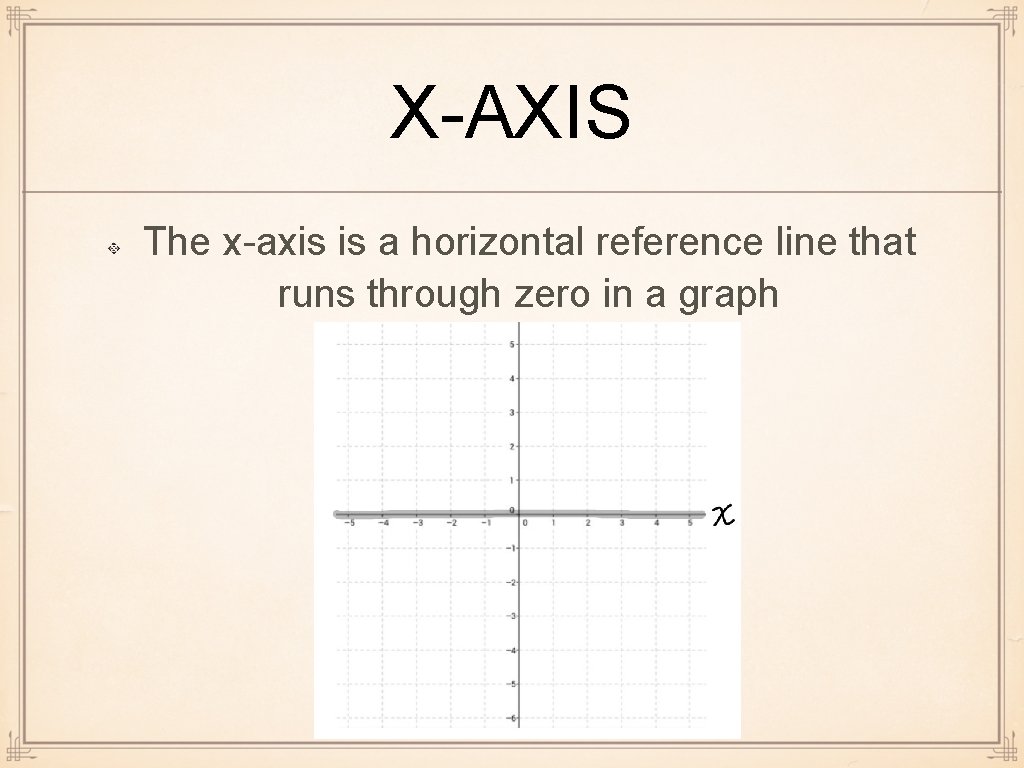 X-AXIS The x-axis is a horizontal reference line that runs through zero in a