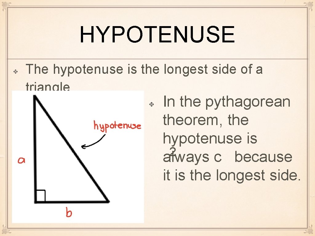 HYPOTENUSE The hypotenuse is the longest side of a triangle In the pythagorean theorem,