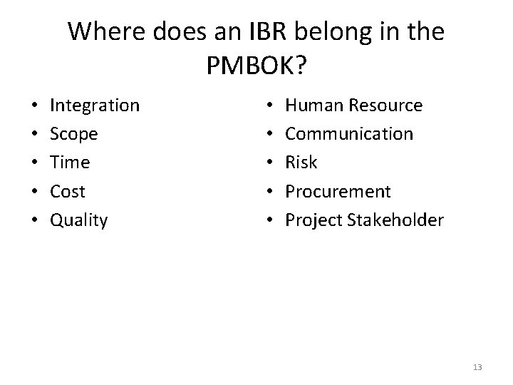 Where does an IBR belong in the PMBOK? • • • Integration Scope Time