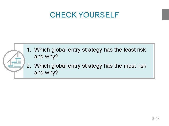 CHECK YOURSELF 1. Which global entry strategy has the least risk and why? 2.