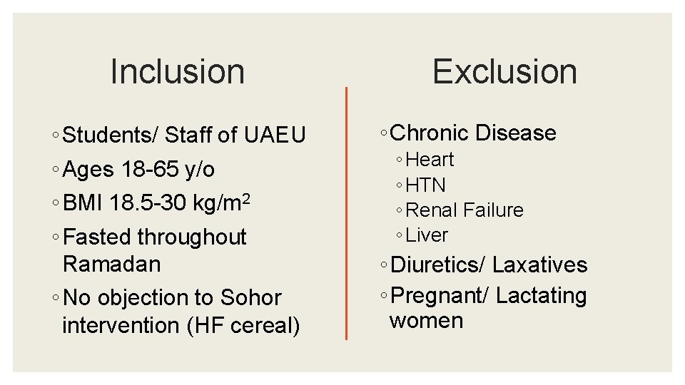 Inclusion ◦ Students/ Staff of UAEU ◦ Ages 18 -65 y/o ◦ BMI 18.