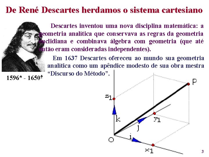 De René Descartes herdamos o sistema cartesiano Descartes inventou uma nova disciplina matemática: a