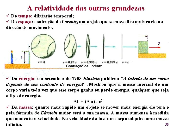 A relatividade das outras grandezas ü Do tempo: dilatação temporal; ü Do espaço: contração