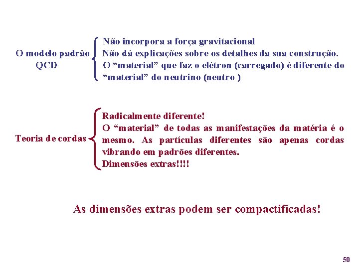 O modelo padrão QCD Não incorpora a força gravitacional Não dá explicações sobre os