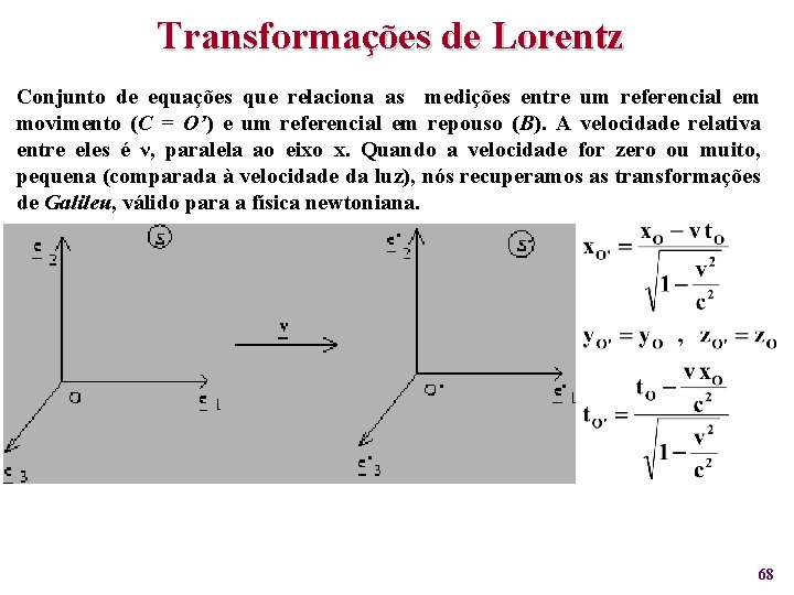 Transformações de Lorentz Conjunto de equações que relaciona as medições entre um referencial em