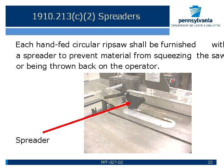 1910. 213(c)(2) Spreaders Each hand-fed circular ripsaw shall be furnished with a spreader to