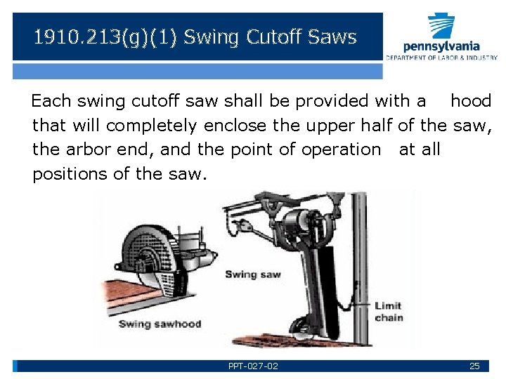 1910. 213(g)(1) Swing Cutoff Saws Each swing cutoff saw shall be provided with a