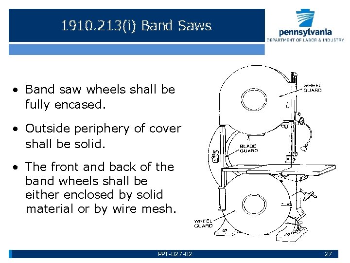 1910. 213(i) Band Saws • Band saw wheels shall be fully encased. • Outside