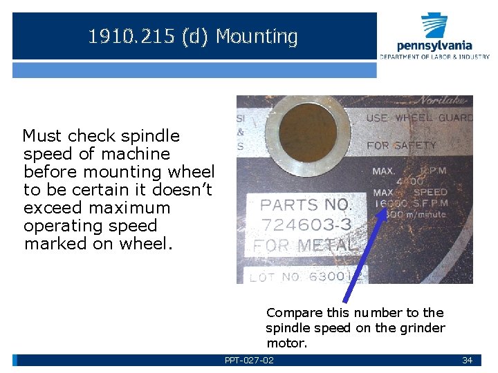 1910. 215 (d) Mounting Must check spindle speed of machine before mounting wheel to