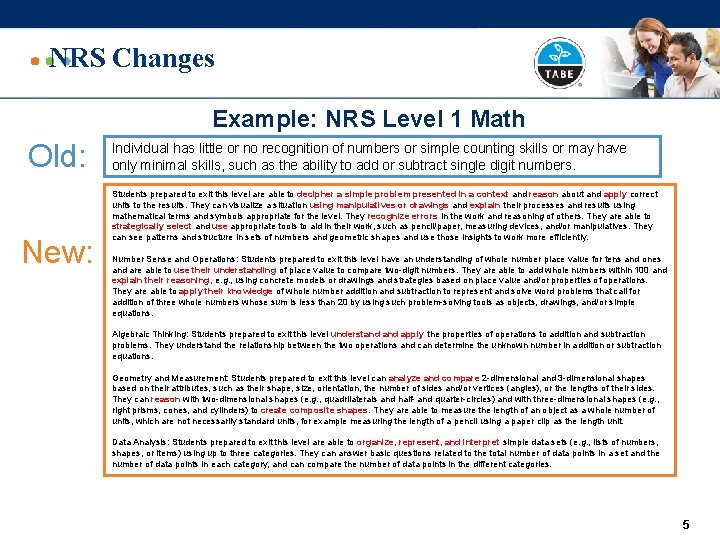 NRS Changes Example: NRS Level 1 Math Old: New: Individual has little or no