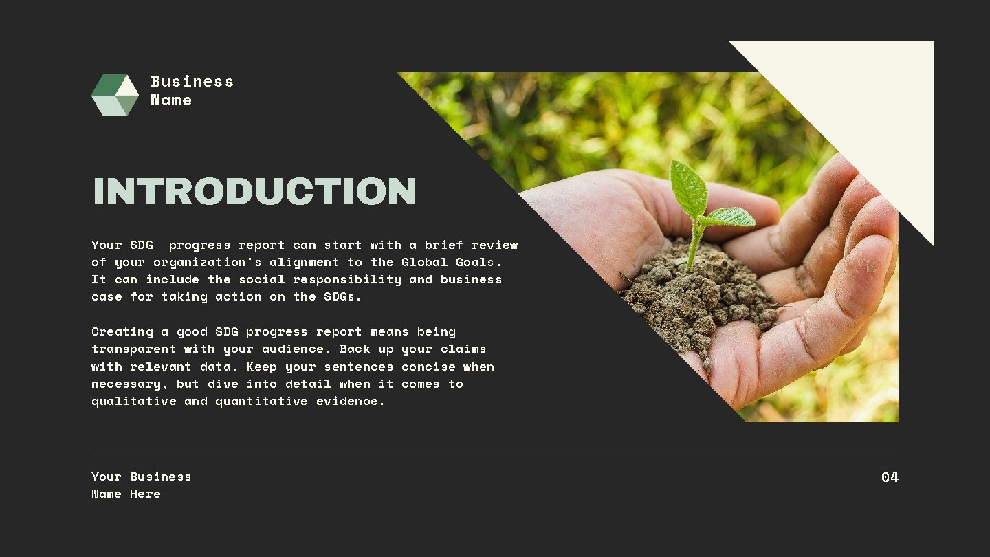 Business Name INTRODUCTION Your SDG progress report can start with a brief review of