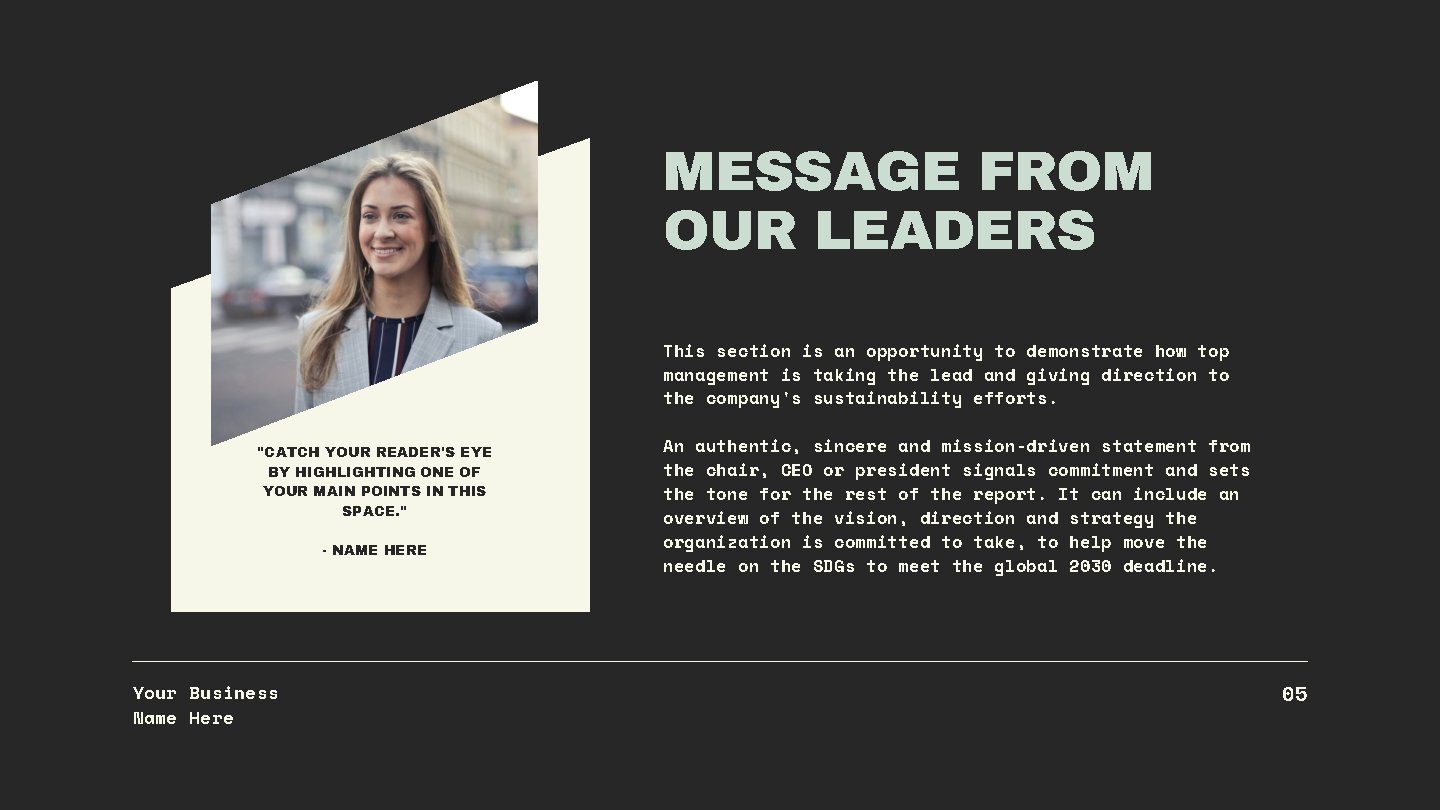 MESSAGE FROM OUR LEADERS This section is an opportunity to demonstrate how top management