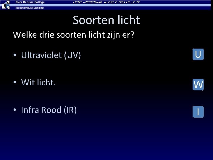 LICHT – ZICHTBAAR en ONZICHTBAAR LICHT Soorten licht Welke drie soorten licht zijn er?