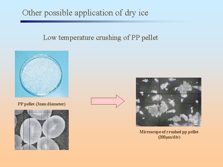 Other possible application of dry ice Low temperature crushing of PP pellet (3 mm