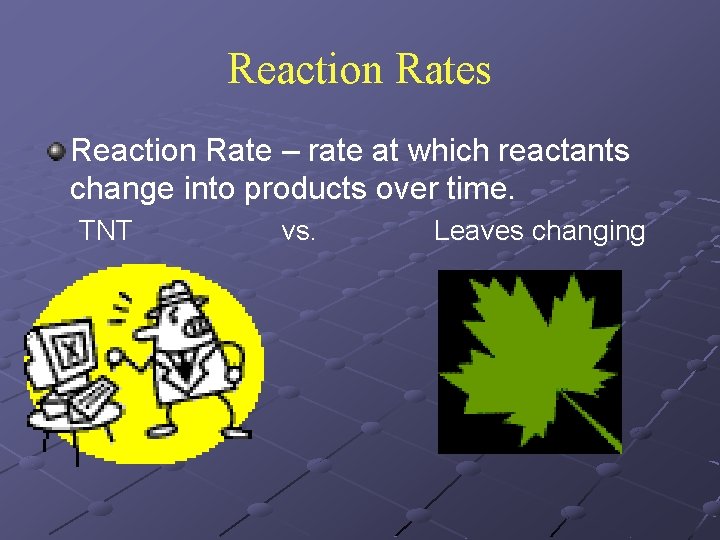Reaction Rates Reaction Rate – rate at which reactants change into products over time.