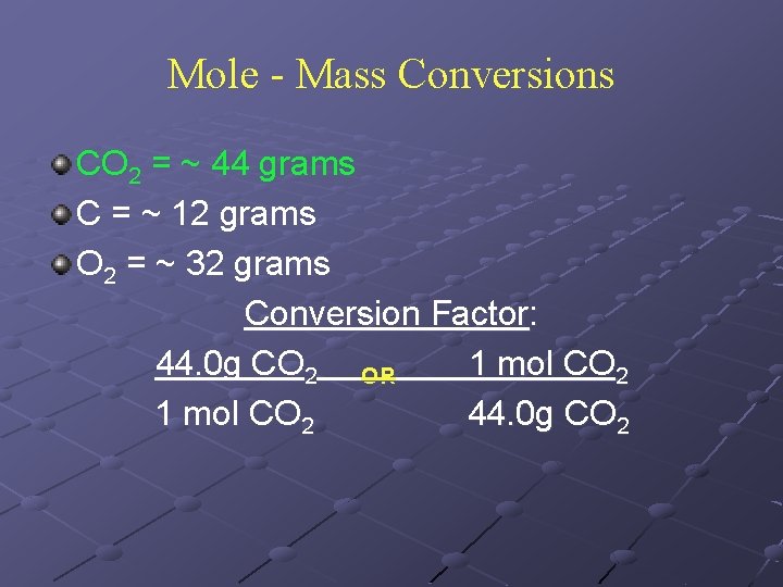 Mole - Mass Conversions CO 2 = ~ 44 grams C = ~ 12