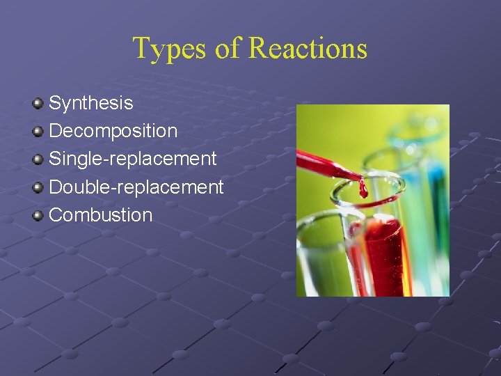 Types of Reactions Synthesis Decomposition Single-replacement Double-replacement Combustion 