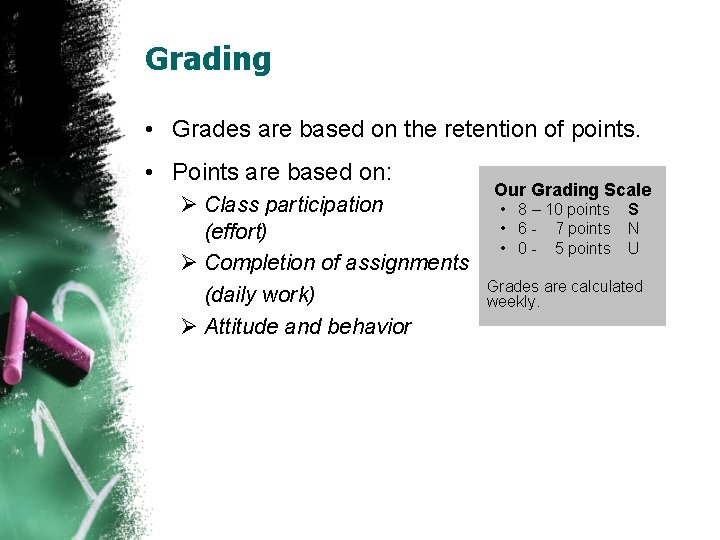 Grading • Grades are based on the retention of points. • Points are based