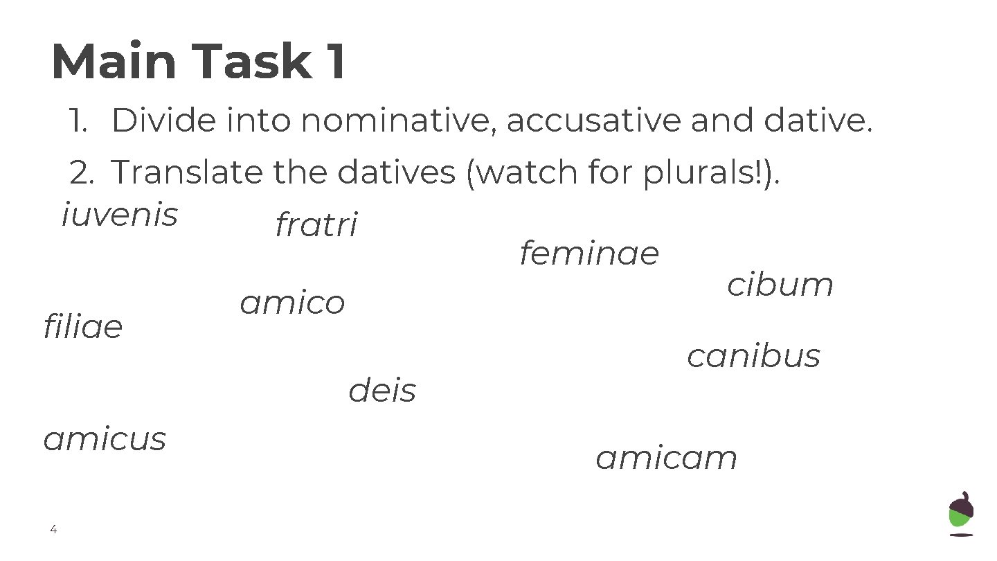 Main Task 1 1. Divide into nominative, accusative and dative. 2. Translate the datives