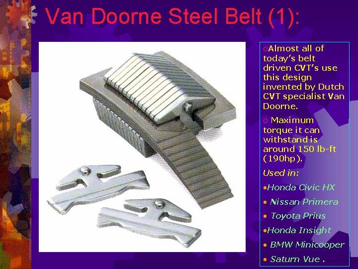 Van Doorne Steel Belt (1): o. Almost all of today’s belt driven CVT’s use