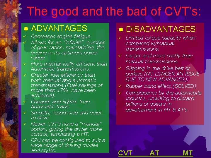 The good and the bad of CVT’s: ® ADVANTAGES ü ü ü ü Decreases