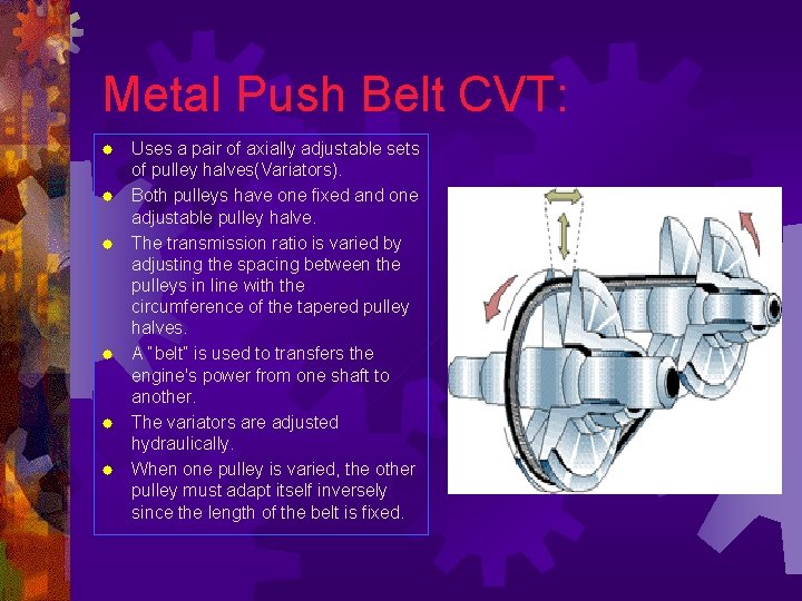 Metal Push Belt CVT: ® ® ® Uses a pair of axially adjustable sets
