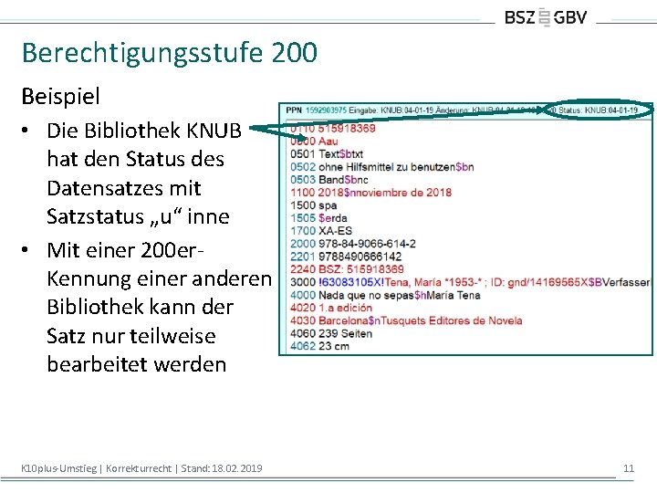 Berechtigungsstufe 200 Beispiel • Die Bibliothek KNUB hat den Status des Datensatzes mit Satzstatus