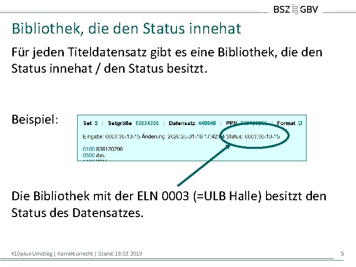 Bibliothek, die den Status innehat Für jeden Titeldatensatz gibt es eine Bibliothek, die den