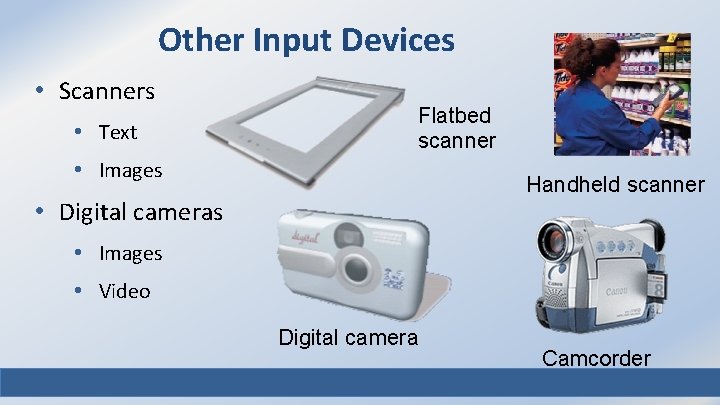Other Input Devices • Scanners • Text Flatbed scanner • Images Handheld scanner •