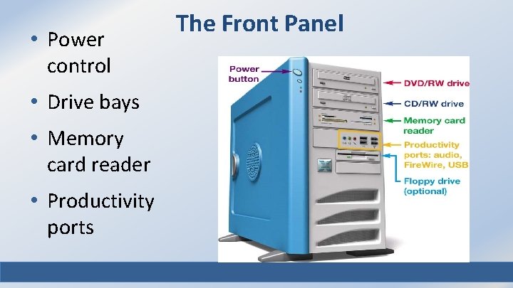  • Power control • Drive bays • Memory card reader • Productivity ports