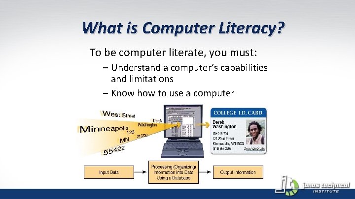 What is Computer Literacy? To be computer literate, you must: – Understand a computer’s