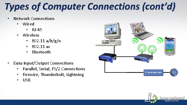 Types of Computer Connections (cont’d) • Network Connections • Wired • RJ-45 • Wireless