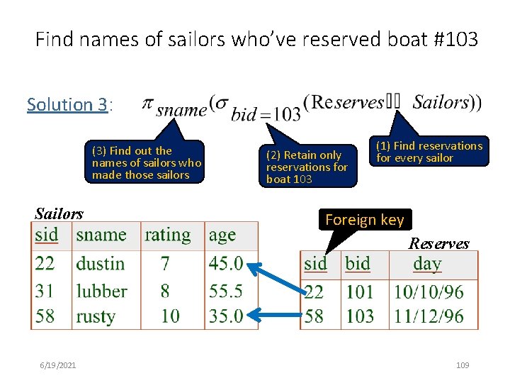 Find names of sailors who’ve reserved boat #103 Solution 3: (3) Find out the