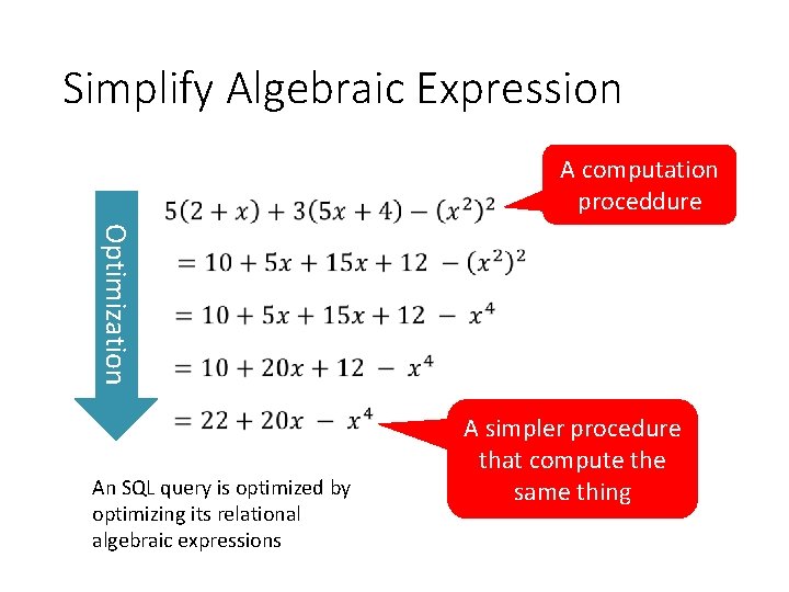 Simplify Algebraic Expression A computation proceddure Optimization An SQL query is optimized by optimizing
